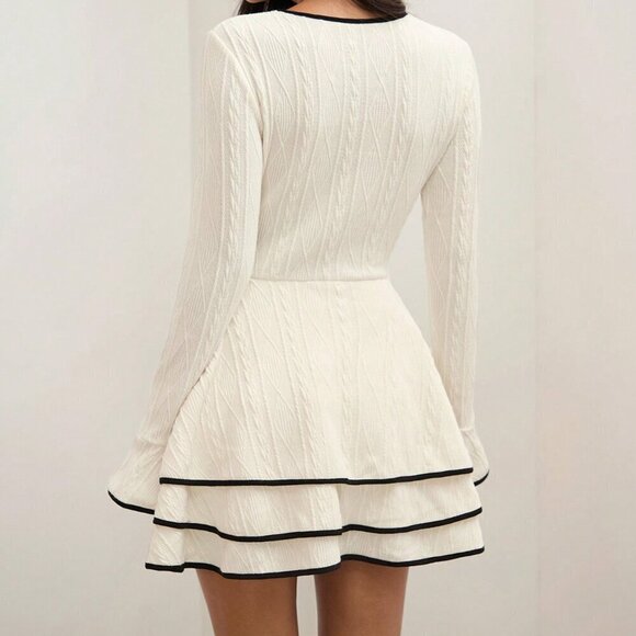 Multicolor Casual Women's Old Money Patchwork Trim Layered Hem Dress - Picture 5 of 6